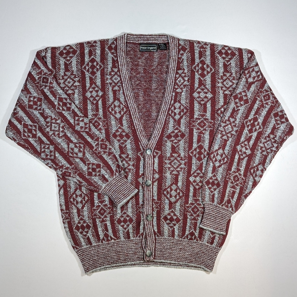 Vintage Peter England Cardigan Sweater Men's Size XL Burgundy Geometric 80s